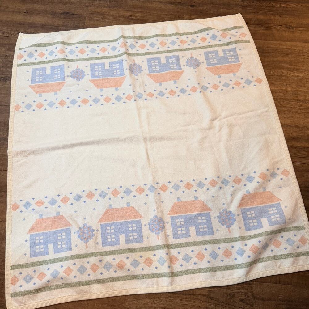 Vtg Biederlack Cotton Cottage House Throw White Blue Pink 1980s Cottage Granny